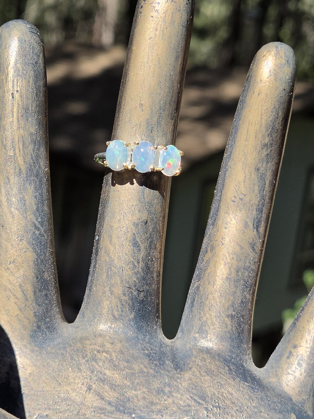 Opal Trio Solitaire Sterling & Gold Ring Sz6.75 - Picture 5 of 7